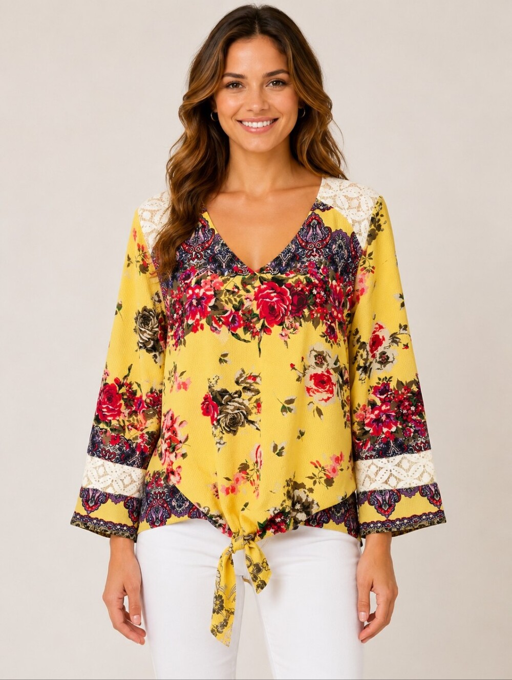 Fig and Flower Yellow Floral Lace Trim Tie Front Boho Blouse Size Large